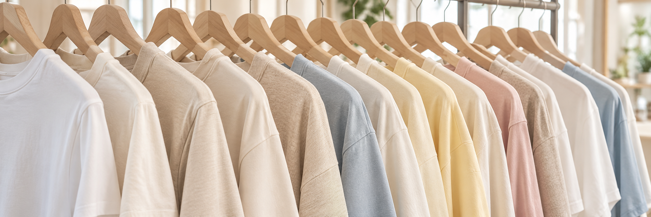 Neutral clothing on wooden hangers